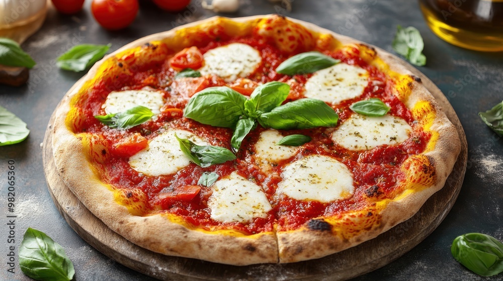 A delicious pizza topped with fresh basil, mozzarella, and tomato sauce on a wooden board. A delicious pizza topped with fresh basil, mozzarella, and tomato sauce on a wooden board.