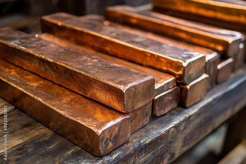 Close-up View of Shiny Copper Bars Stacked on a Wooden Shelf in an Industrial Setting Close-up View of Shiny Copper Bars Stacked on a Wooden Shelf in an Industrial Setting