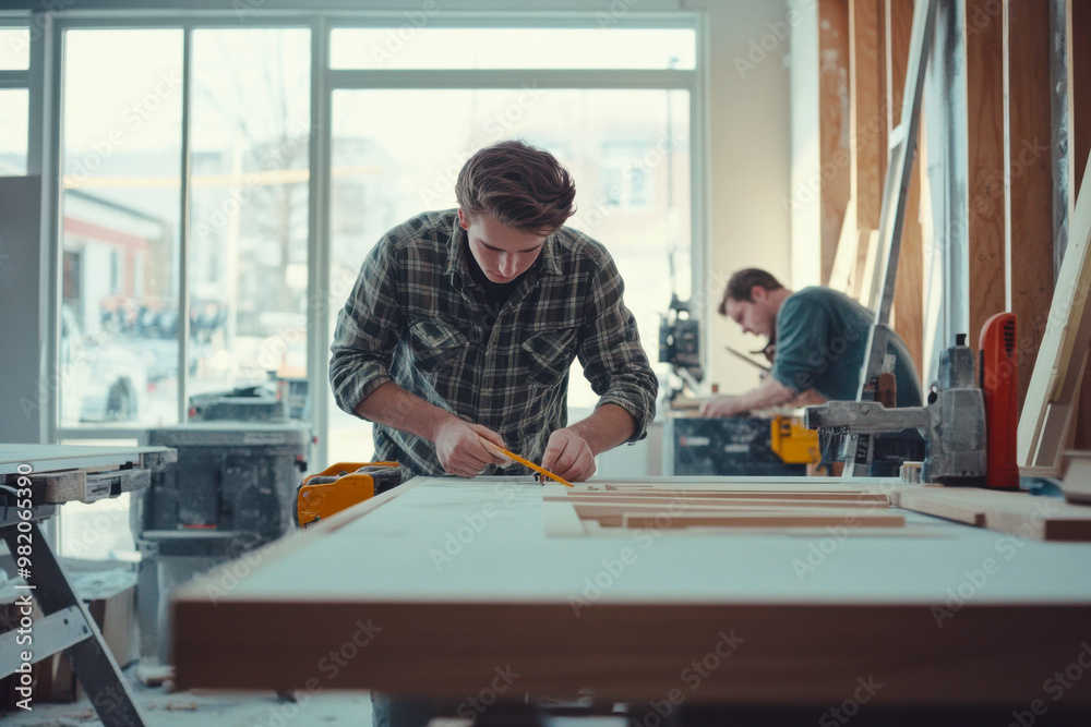 Skilled craftsman working diligently on a woodworking project with a colleague in a bright workshop during daylight hours