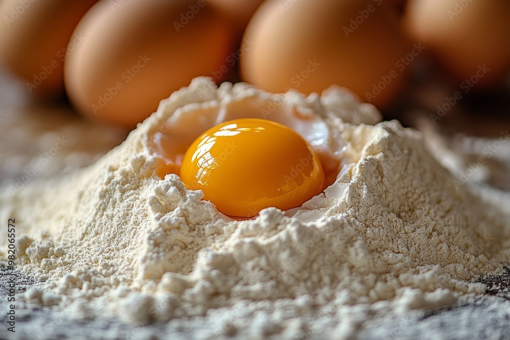 A Fresh Egg Yolk Nestled in a Mound of White Flour on a Wooden Surface With Other Eggs in the Background, Perfect for Baking A Fresh Egg Yolk Nestled in a Mound of White Flour on a Wooden Surface With Other Eggs in the Background, Perfect for Baking