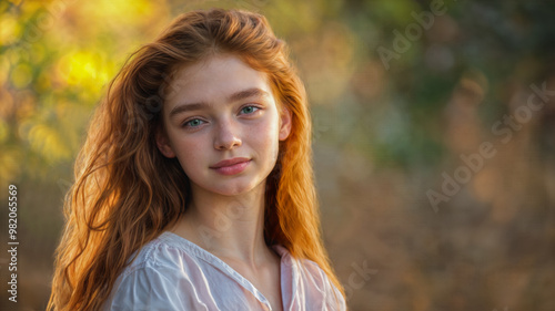 A beautiful young female teenager with firey red hair and a slight smile and wearing a white top. She is standing outside against a softly blurred background. photo