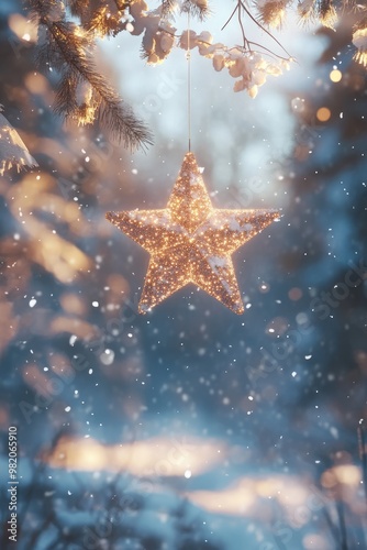 Luminous shining christmas star among a snowy winter landscape creative magic New Year and Christmas card