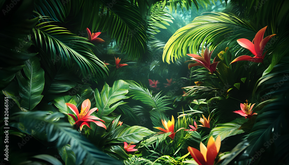 A lush jungle scene with vibrant green leaves and exotic flowers, bringing the warmth of the tropics to your screen A lush jungle scene with vibrant green leaves and exotic flowers, bringing the warmth of the tropics to your screen
