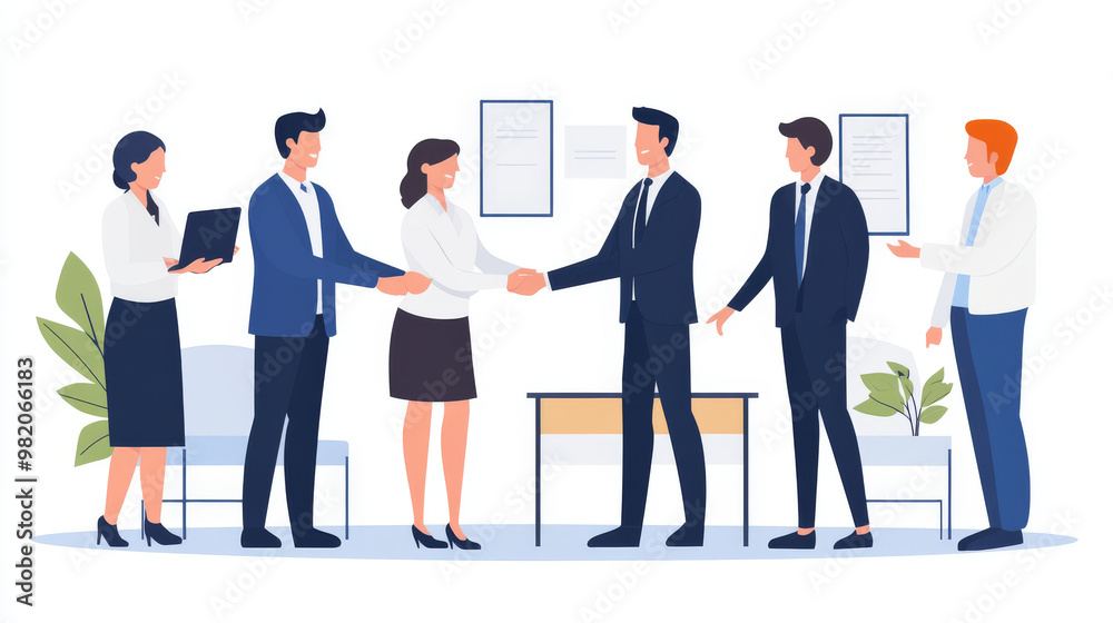 In an office setting, diverse business professionals engage in a handshake, symbolizing partnership and collaboration. This moment captures the essence of agreement and welcoming. In an office setting, diverse business professionals engage in a handshake, symbolizing partnership and collaboration. This moment captures the essence of agreement and welcoming.