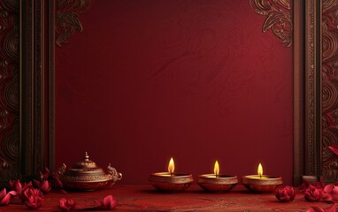 Happy Diwali Diya lamps lit during Diwali, Hindu festival of lights celebration. Diwali diya oil lamps holiday background. Creating a festive and decorative composition
