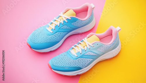 Pair of blue and pink training shoes on yellow and pink background