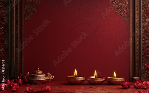 Happy Diwali Diya lamps lit during Diwali, Hindu festival of lights celebration. Diwali diya oil lamps holiday background. Creating a festive and decorative composition