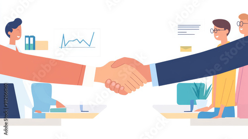 In an office setting, diverse business professionals engage in a handshake, symbolizing partnership and collaboration. This moment captures the essence of agreement and welcoming.