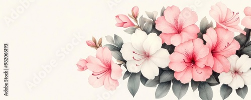 Azalea shrubs, pastel pink and white blossoms, watercolor artistic design, detailed foliage, botanical illustration, hand-drawn elegance