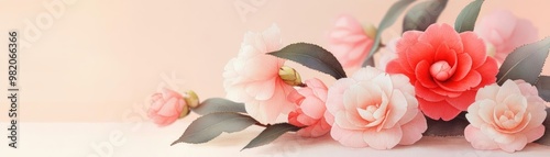 Camellia shrubs, pastel pink and red blooms, watercolor artistic design, detailed leaves, botanical illustration, hand-drawn soft elegance