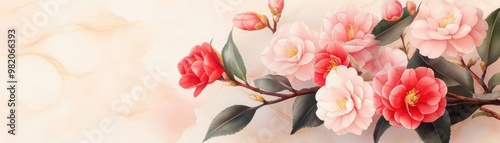 Camellia shrubs, pastel pink and red blooms, watercolor artistic design, detailed leaves, botanical illustration, hand-drawn soft elegance