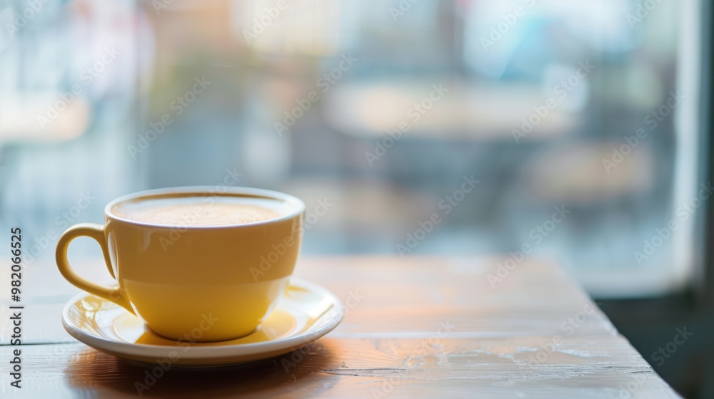 Yellow Coffee Cup on a Wooden Table in a Cozy Cafe with Blurred Background Yellow Coffee Cup on a Wooden Table in a Cozy Cafe with Blurred Background