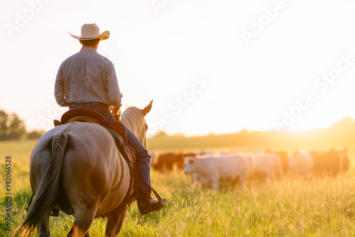 Cowboy on horseback herding cattle in a golden sunset over a wide open field