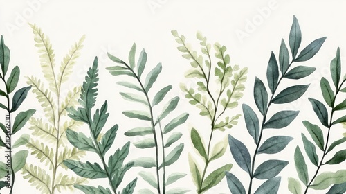Delicate fern patterns, detailed watercolor brushstrokes, botanical art, soft green leaves, intricate hand-drawn design