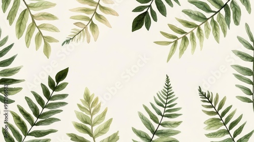 Delicate fern patterns, detailed watercolor brushstrokes, botanical art, soft green leaves, intricate hand-drawn design