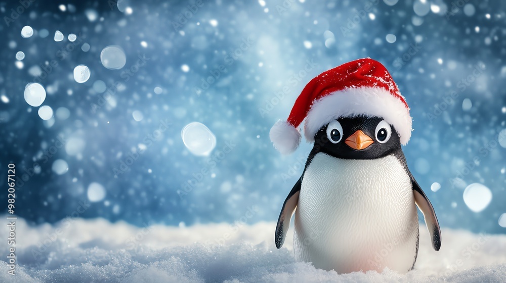 A cute penguin wearing a Santa hat stands in the snow with a blue and white bokeh background. A cute penguin wearing a Santa hat stands in the snow with a blue and white bokeh background.