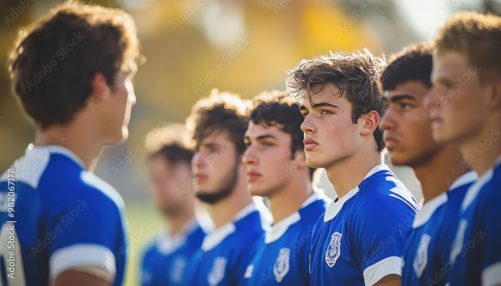 Obraz premium Rugby team standing in line listening to coach during training