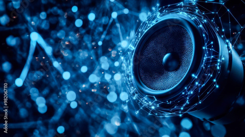 Modern speaker with vibrant digital soundwave effects against a deep blue background illustrating audio technology innovation