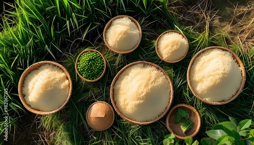 aerial perspective of lush Vietnamese rice fields in vibrant green hues photo