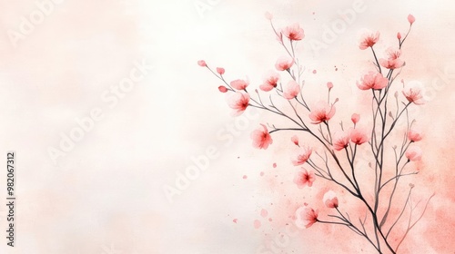 Flowering shrubs, soft pastel pink blooms, artistic watercolor illustration, delicate brushstrokes, botanical design, serene hand-drawn style