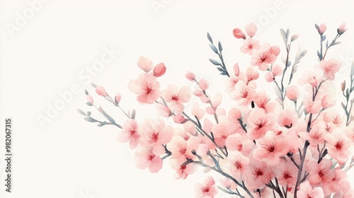 Flowering shrubs, soft pastel pink blooms, artistic watercolor illustration, delicate brushstrokes, botanical design, serene hand-drawn style