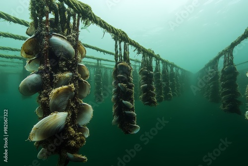 Underwater View of Hanging Mussels in a Shellfish Farm at Dawn, Showcasing Aquaculture Practices and Marine Biodiversity