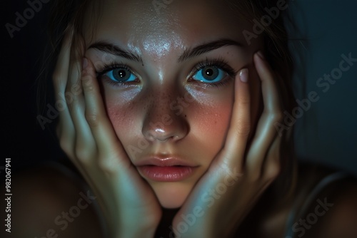 Close-up of a woman's face with hands resting on her cheeks, gazing thoughtfully in soft dim lighting.