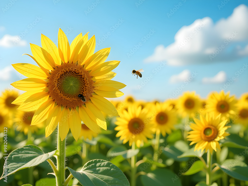 Vibrant Field of Sunflowers in Bloom Under Warm Sunlight with Close-Up of Single Sunflower and Bees Emphasizing Pollination, Nature' Balance, Against Stunning Blue Sky and Fluffy White Clouds Vibrant Field of Sunflowers in Bloom Under Warm Sunlight with Close-Up of Single Sunflower and Bees Emphasizing Pollination, Nature' Balance, Against Stunning Blue Sky and Fluffy White Clouds