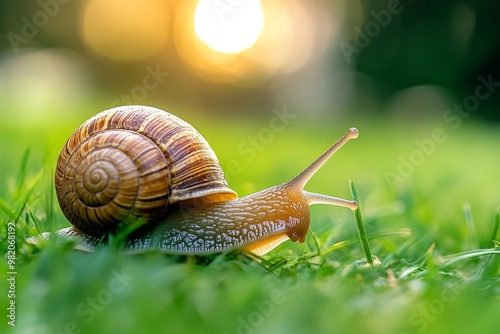 Snail Crawling on Green Grass During Sunset, Showcasing Detailed Shell Patterns and Tranquil Outdoor Ambiance