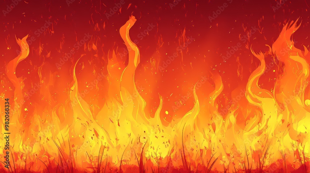 Bright Flames Engulf Dry Grass in a Wildfire, Casting an Orange Glow in a Rural Area During a Summer Evening Bright Flames Engulf Dry Grass in a Wildfire, Casting an Orange Glow in a Rural Area During a Summer Evening