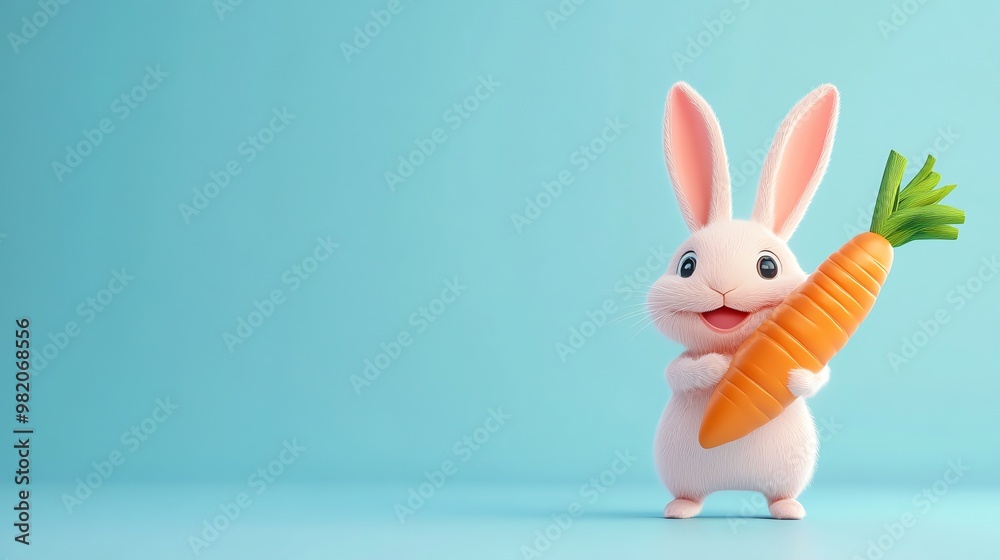 Obraz premium Cute cartoon bunny holding a carrot on a light blue background.