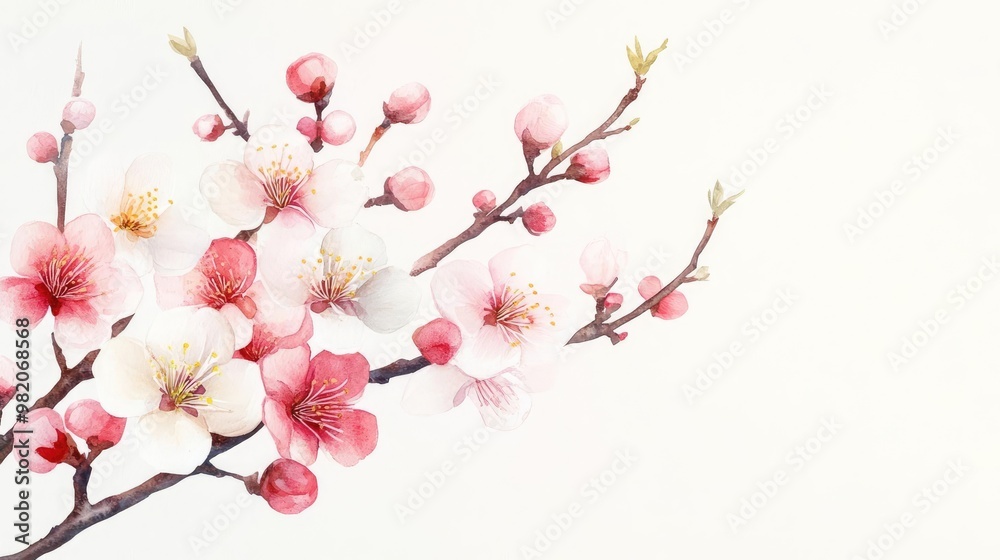 Plum blossoms, delicate pink and white petals, soft watercolor sketch, botanical illustration, intricate branch details, hand-drawn floral art Plum blossoms, delicate pink and white petals, soft watercolor sketch, botanical illustration, intricate branch details, hand-drawn floral art