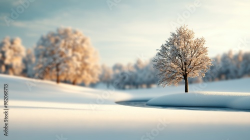 A serene winter landscape featuring snow-covered trees and a gentle stream reflecting soft sunlight.