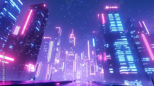 A futuristic city skyline with glowing neon lights in a purple and blue color scheme.