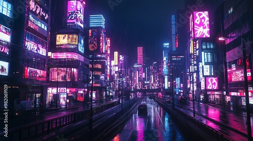 Neon signs illuminate a rainy city street at night.
