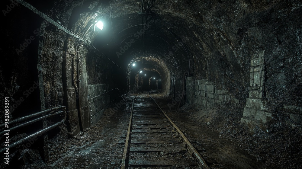 Dark Underground Tunnel With Tracks and Lighting in an Abandoned Mine During Twilight Hours Dark Underground Tunnel With Tracks and Lighting in an Abandoned Mine During Twilight Hours