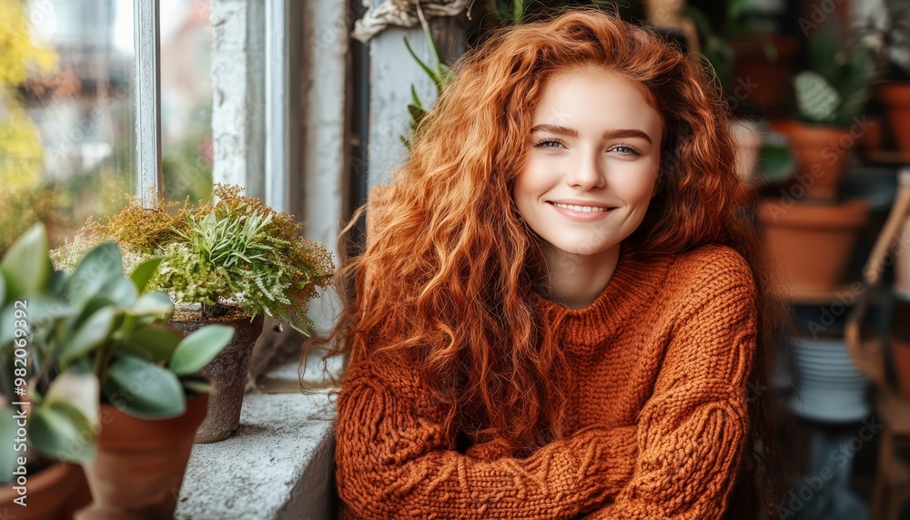 Portrait of a Beautiful Smiling Young Redhead Woman, Wearing an Orange Sweater by the Window Portrait of a Beautiful Smiling Young Redhead Woman, Wearing an Orange Sweater by the Window