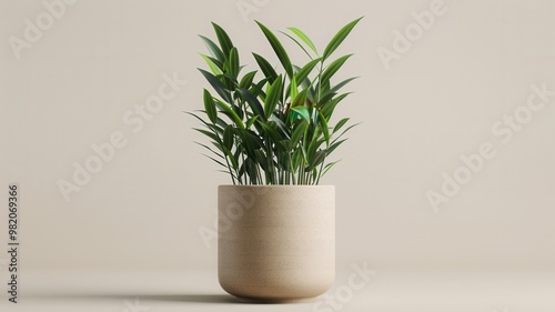 A vibrant green plant in a minimalist wooden pot, set against a neutral background that highlights its natural beauty and freshness.