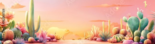 Cactus plants, desert landscape, soft earth tones, watercolor style