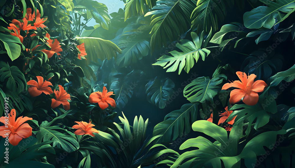 A lush jungle scene with vibrant green leaves and exotic flowers, bringing the warmth of the tropics to your screen