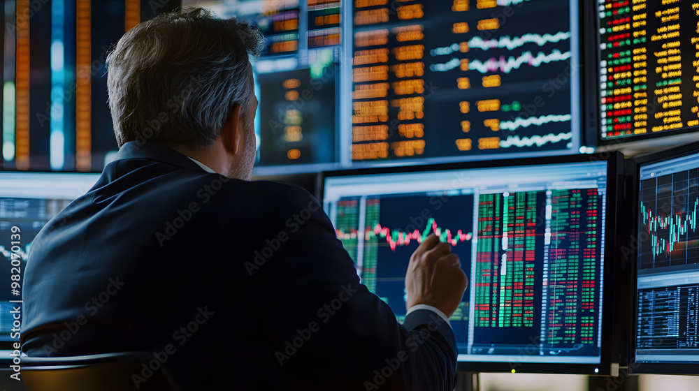 Experienced stock trader analyzing financial charts and graphs on multiple screens in a trading office
Experienced stock trader analyzing financial charts and graphs on multiple screens in a trading office