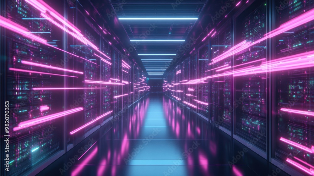 A futuristic data center corridor with glowing lights and server racks.