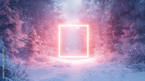 Luminous square, rectangular Frame amidst a snowy winter landscape Abstract Natural Creative Background Mockup for natural Products Advertising, New Year and Christmas card