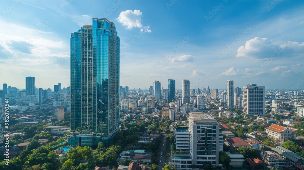 Naklejka premium Mahanakorn skyscraper, an iconic modern building, stands tall in Bangkok's Sathorn business district, overlooking Sathorn Square's commercial office complex and the W Hotel.
