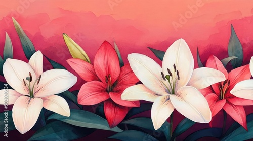 Lilies in bloom, vibrant art style, delicate petals, watercolor composition