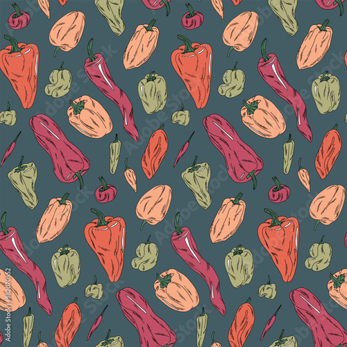 Minimalistic pattern with colorful peppers on dusty blue background, illustration for towels, aprons