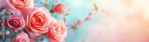Roses in full bloom, delicate petals, soft gradient hues, watercolor style
