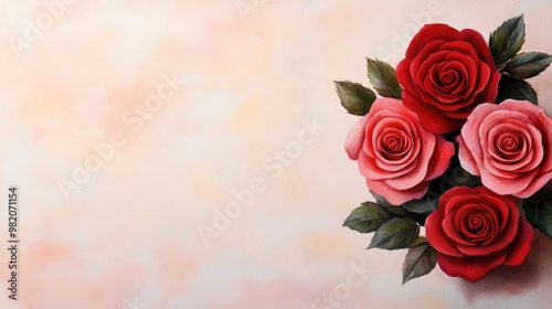 Red roses, vibrant petals, expressive brushstrokes, soft background, watercolor style