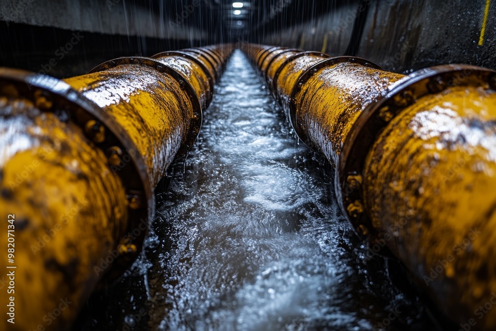Water Flows Through Large Industrial Pipes in an Underground Tunnel During a Maintenance Inspection at a Wastewater Facility Water Flows Through Large Industrial Pipes in an Underground Tunnel During a Maintenance Inspection at a Wastewater Facility