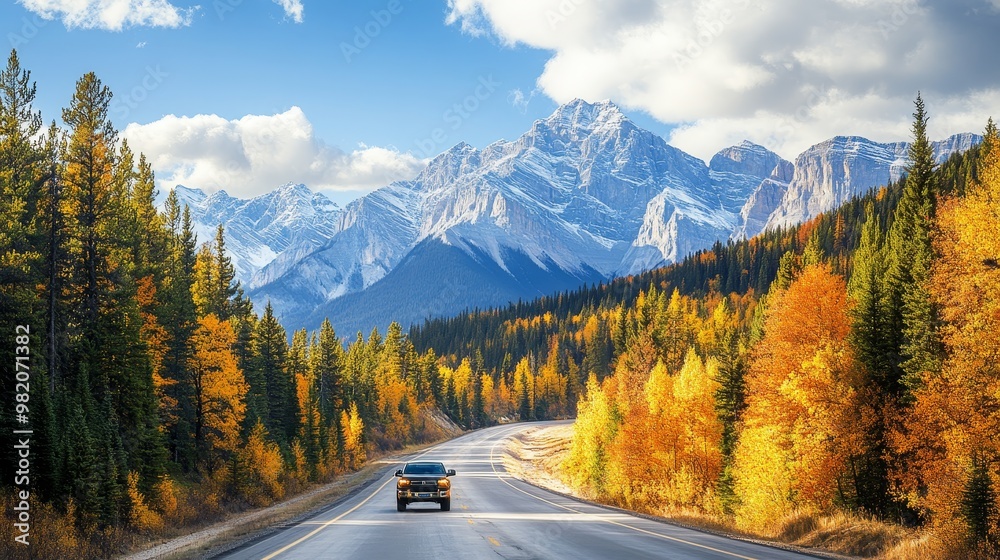 Naklejka premium Panoramic view of pickup truck driving on highway through Banff national park, capturing the vibrant autumn forest and majestic rocky mountains under a clear sunny sky.